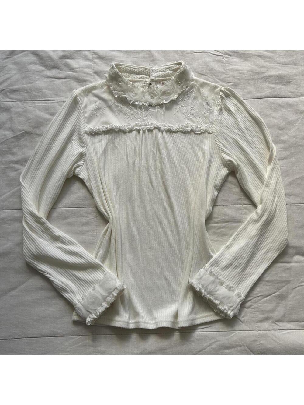 Axes Femme Ivory Lace Ribbed Knit Top Rosette Collar Long Sleeve M Japan